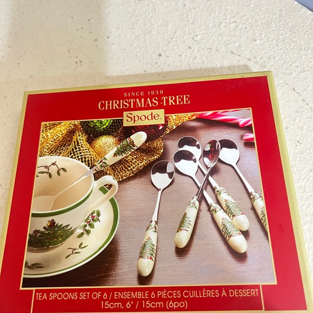 Spode Christmas Tree Porcelain & Stainless‎ Steel 6 Inch Teaspoons, Set of 6